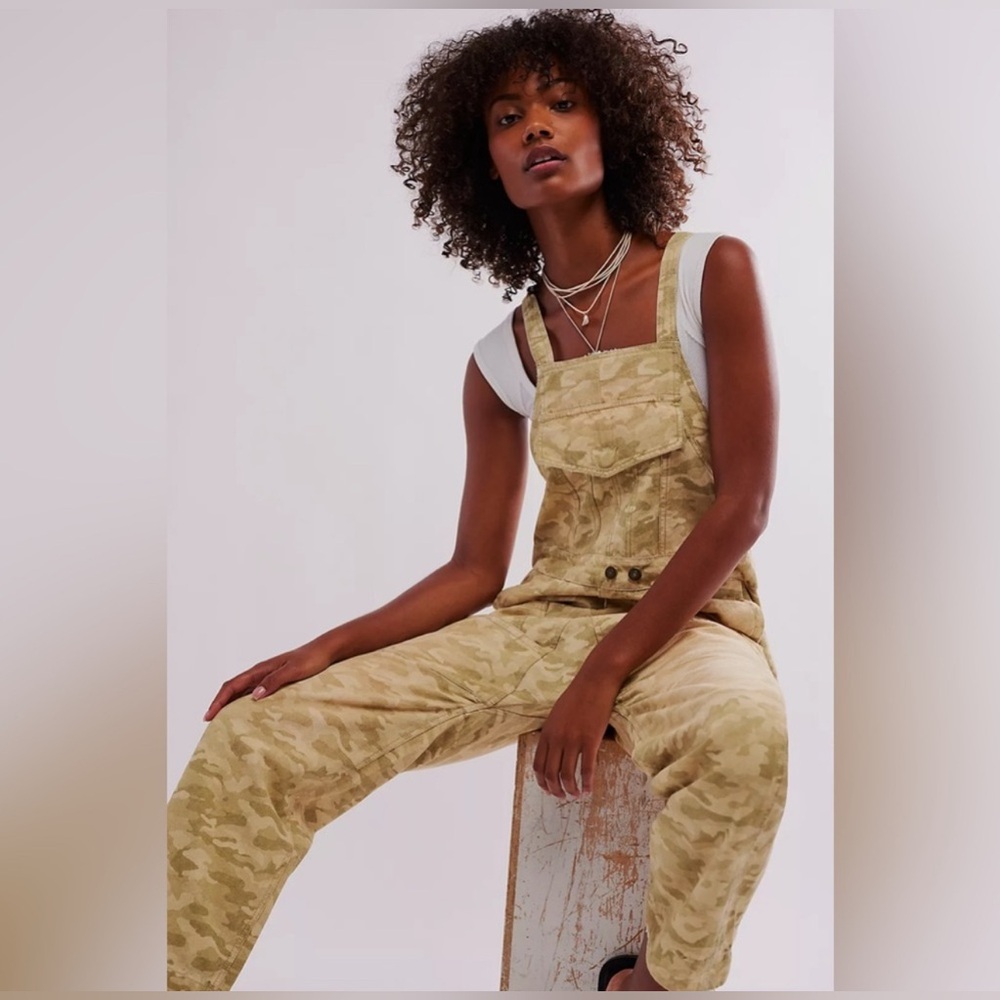 110. NWT Free People Way it Goes Camo Harem Overalls - Picture 2 of 5